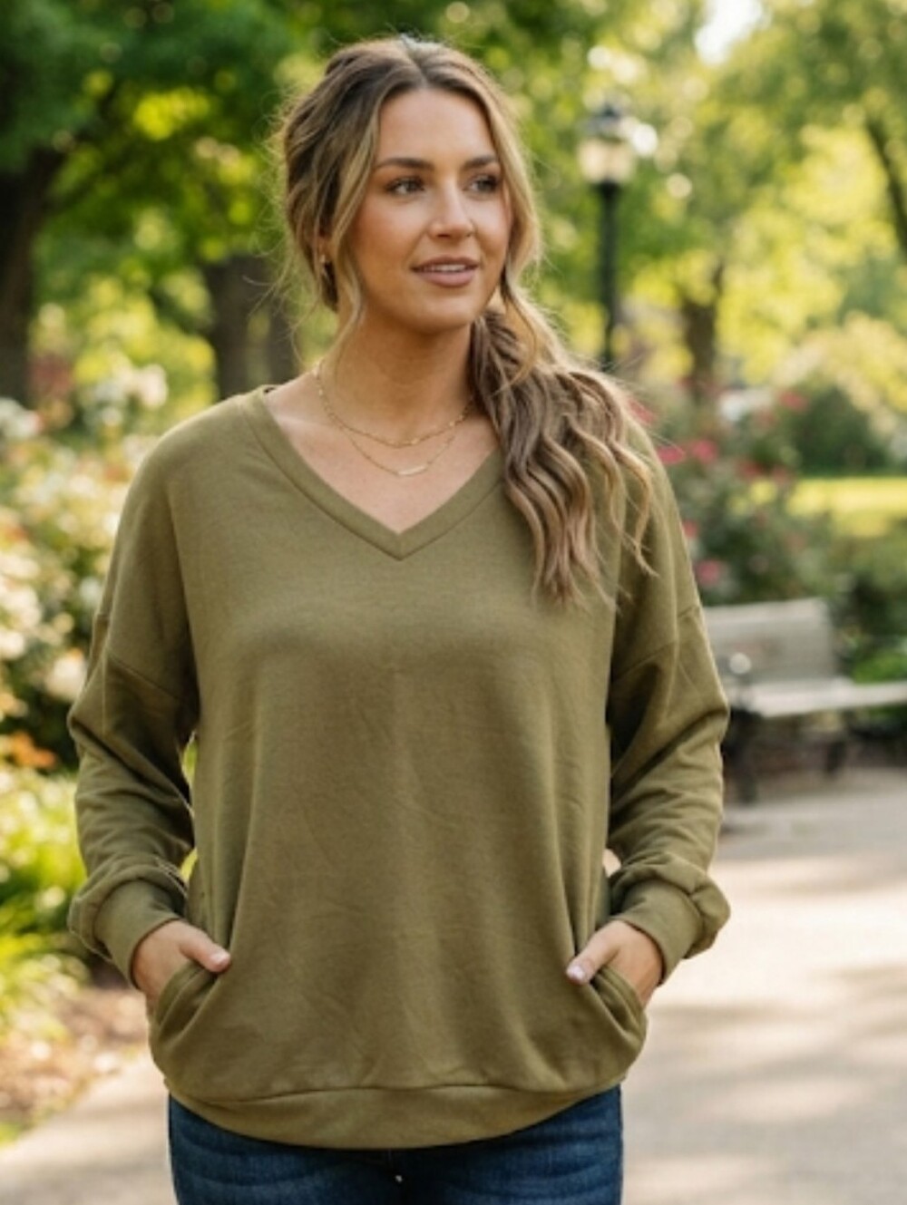 Zenana Outfitters Olive Green V-Neck Sweatshirt With Pockets